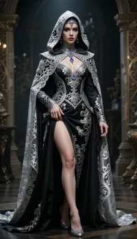 Cinematic full-body photograph of an adult woman, her entire figure visible from the top of her hood to the soles of her shoes, centered in a vertical composition with space above her head and below her feet. She wears an ornate silver filigree hooded cloak featuring intricate lace patterns with floral motifs, draped elegantly over her shoulders and flowing down to her ankles. Beneath the open cloak, she wears a luxurious fitted black and silver gown with a sculpted waist, long embroidered sleeves, elaborate baroque patterns, and a flowing skirt ending just above the floor, revealing elegant silver-embroidered shoes. Elaborate jeweled headpiece with a sapphire centerpiece and crystals on her forehead, dramatic smoky eye makeup, long dark lashes, piercing blue-grey eyes, glossy burgundy red lips, porcelain skin, elegant jewelry with teardrop gemstones. She stands facing the camera in a graceful, natural pose, her weight resting on one leg and the other foot slightly forward, her head upright, both arms visible, one hand gently holding the edge of her cloak at hip level and the other resting naturally by her side. Realistic anatomy, balanced body proportions, finely detailed hands and fingers, natural fabric folds and convincing fabric weight. Eye-level camera positioned far enough away to capture her entire body, natural perspective with minimal distortion, full-length fashion editorial framing. Soft dramatic lighting illuminating her face, jewelry, and the intricate details of her outfit, subtle rim lighting outlining her silhouette, softly blurred atmospheric background, the entire figure in clear focus. Professional photography, ultra detailed, photorealistic, 8k resolution, fantasy fashion editorial style, regal and mysterious atmosphere.