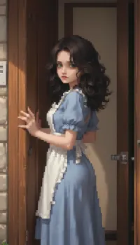 A stylized pixel art image of a tired twenty‑year‑old girl, long curly chestnut hair, green eyes, a round butt, average height, a tired face. She is looking at the camera, wearing a grey medieval dress and a white apron, standing by a wooden door in a modest pose. Retro‑style pixel aesthetic, soft halftone shades, bright colours — sprite style inspired by 16‑bit graphics, pixel art., Pixel, Art, PixArFK, ((pixelart)), pixel, art, (realistic:.4), <lora:PixelArtRedmond-Lite64:1.9>, <lora:HerrscherAGGA2024_PixelART-ULTIMATEBASE_SDXL:1.4>, <lora:pk_trainer_xl_v1:1.8>