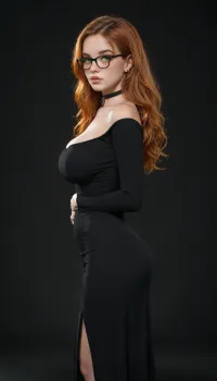 (((side view:1.8))), ((hot goth country girl)), (((soft lower belly))), (((Black background))), beautiful face, (((glasses))), natural huge breasts, ginger, redhead, bangs, wide hips, tan skin, horny expression, full lips, long length hair, bright green eyes, freckles, choker, sexy, tight tiny waist, flared hips, cute freckles, freckled face, freckled chest, freckled shoulders, delicious and seductive and sexy feminine, seductive crazed lustful look in her eyes, very long curly ginger red hair, black eyeliner, shy, blushing, sweaty, thick, hourglass figure, fit and curvy, slutty tan lines, Angel face, (((Bright Orange Dress))), <lora:tan-lines-xl-v1:.8>, <lora:add-detail-xl:.8>, <lora:SDXL_BetterFaces-LoRA_v1:.8>