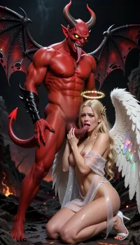 High resolution image of a gigantic male demon, red skin, glowing bright yellow reptile eyes, realistic animal horns, large translucent red and black bat like wings, pointed ears, sadistic evil grin, long sharp fangs, long black nails, devilish red pointed tail, extremely long elongated sharp pointed tongue, enormous dick, standing over an enchanting sexy angel gripping her head with one hand as she sucks his enormous fat dick, silky blonde hair, huge captivating glowing emerald green eyes, and bright pink lips, wearing delicate, skimpy sheer translucent white draped cloth, huge iridescent white feathered wings, gold shining halo, white nails, white toe nails, white open toe high heels, kneeling, squatting, sobbing, shamed, embarrassed, drooling, determined, set in a hellish landscape