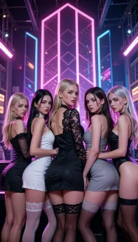 Five stylized adult women pose closely together in a nightclub-like setting, shown from behind or at three-quarter angles with their heads turned toward one another or the viewer. They have varied pale complexions, slim-to-curvy figures, and long hairstyles in blonde, black, dark brown, and silver tones. Their outfits are revealing, fashion-focused eveningwear in black, white, and muted gray, including fitted dresses, lace panels, sheer stockings, and high heels. The central woman wears a black dress with intricate lace across the shoulders and back, the others wear short skirts or fitted dresses with decorative trim and accessories. Their expressions are composed and alluring, with polished porno-style faces and large eyes.
A vivid indoor nightlife venue with tall geometric panels and luminous magenta, violet, and blue lights filling the background. The architecture is abstract and club-like, with glowing vertical bars and reflective surfaces, no readable signage or distinct outdoor elements are visible. The atmosphere is glamorous and energetic, with soft colored haze and sparkling highlights.
Highly polished porno-realistic digital with detailed character design, smooth gradients, clean contour work, and glossy rendering. The aesthetic blends fashion illustration with contemporary nightlife imagery, using saturated neon pinks, purples, and blues behind pale skin tones and dark clothing. Fine lace and fabric details contrast with softly rendered skin and luminous background elements.
Bright neon lighting from behind and above, dominated by magenta and violet, creates vivid rim highlights around the figures and colored reflections on their hair and clothing. Softer frontal fill light keeps faces and bodies visible, while gentle shadows and gradients add volume. Background lights bloom slightly, producing a luminous, club-like glow.
A tightly framed, full-figure group portrait in a wide horizontal format, with five women arranged shoulder-to-shoulder across the frame. The camera sits around hip height and looks slightly upward, emphasizing the group against the towering neon background. The central figure anchors the composition, while the others angle inward to create a balanced, layered arrangement. The background is softly blurred and luminous, keeping attention on the characters.