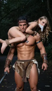 man, 30yo, black unkempt hair, Groknar, square jaw, flat nose, heavy scarring, brown eyes, fantasy, huge muscular body-builder's physique, he is violent and masculine barbarian that holds hatred in his heart, his hobbies include drinking and fighting, he has an unemotional countenance, walking towards the camera with Elena bound and gagged swung across his broad shoulders in a fireman's carry, wearing a pelt loincloth headband and bracers, dark forest path background
woman, 19yo, long curly blonde hair that is windswept and uncontrollable, Elena, fine features with high cheekbones, a thin nose, thin lips, fantasy elf, bright makeup, well-built, she is a dominant and strong-willed warrior, she is angry and afraid, laying across the broad shoulders of Groknar with her hands and feet tied up and her head twisted around to glare at Groknar angrily, she has been stripped naked and has her hands and feet bound with coarse rope and a cloth gag in her mouth
