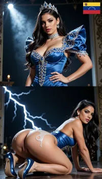 Photorealistic vertical split-screen, top half and bottom half completely independent.

TOP HALF, 8k UHD, highly detailed, sharp focus, professional cinematography, photorealistic, RAW photo, masterpiece, tt A cinematic wide shot of dramatic atmospheric lighting, Low perspective, central composition, dramatic lightning, volumetric lighting, 85mm lens, f/1.8, highly detailed skin rendering, hyper-realistic anatomy . Subject, A the most beautiful and attractive venezuelana jovem girl ever, ela tem 27 anos de idade, 🇻🇪 Venezuela, The "Queen of Perfection"• Body Type, A mathematically sculpted hourglass figure, (90-60-90), with an ultra-erect posture and theatrical pageant strides.• Race & Skin Tone, Euro-descendant or light mestiza Latina with a flawless, matte porcelain makeup finish.• Face, Hyper-symmetric features with heavy contouring, dramatic false lashes, sharp arched brows, and statement lipstick.• Hair, Jet-black or deep espresso brown, incredibly long, styled in a high-shine, mirror-like straight texture or Hollywood diva rollers.• The Outfit, An architectural, ultra-structured royal blue satin mermaid gown with a corseted waist that defies anatomy. The dress features an explosive, oversized structural ruffle on one shoulder, completely covered in Swarovski crystals.• Footwear & Accessories, Classic satin stiletto pumps matching the dress exactly. She wears a diamond choker and a high-fashion, abstract silver ear cuff that subtly hints at a tiara.She is doing an extremely immoral position.Venezuela flag on the corner of the photo.

BOTTOM HALF, A cinematic wide shot of naughty atmospheric lighting, back rear view perspective, erotic lightning, view of exactly the same young woman on the same moment. Her face, lips and chin are covered with transparent white cum from the first frame and the cum stays on her face the entire time. bare buttocks, she is on all fours with ass up in the air. Expression, open mouth, closed squinted eyes, orgasmic face. Action, a regular man is squatting behind her, full deep anal sex, man's penis is buried deep in anus, violent momentum, gripping her hair tightly, hairpulling, punishing expression, closed eyes. Details, natural skin textures, visible.

Top half = active flirty gesturing, leaning closer, energetic monologue. Bottom half = only anal sex. Sex with permanent cum and pleasure. The two halves never exchange actions, faces, or sound. Strict real-time normal speed.