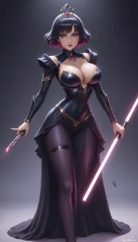 Score_10, A photorealistic, full-body portrait of a tall, striking adult woman elegant Sith Lord. Preserve her natural appearance and proportions. She has a long, softly sculpted oval face with a gently tapered jaw, narrow rounded chin, and a smooth forehead. Her eyebrows are thin, sexy shaped and softly arched. Her large almond-shaped eyes are naturally light green-hazel with a darker outer rim, framed by long, dense eyelashes. As a Sith, transform her irises into luminous amber-gold with subtle fiery orange undertones while maintaining their original shape. She has a slender, straight nose with a softly rounded, tip. Her lips are normal and sexual, with a Cupid’s bow, and soft natural pink coloring. Her complexion is warm and dark sun-kissed with realistic darkly tanned skin, Neon Pink hair is long and curly, majority is swept back dramatically.
She has a slender neck, gently sloping shoulders and a tall, distinctly curvaceous hourglass figure. Her bust is, her rib cage and midsection narrow, and her waist defined with thin hips. Her arms are long and lean with soft natural definition, hands are slender with medium fingers. full shapely thighs and long, proportionate legs. Keep her anatomy realistic, feminine and naturally balanced. sexy lingerie battled hardened Sith Lord rather than a bulky armored soldier. Her fitted Sith ensemble is predominantly anodized pink and metallic black, following the contours of her tall hourglass figure, with elegant, subtle armor panels and polished metallic-pink detailing. flowing black Sith cloak that moves dramatically behind her. Her posture is upright and commanding, shoulders back, chin slightly raised, conveying controlled confidence and quiet danger.
In one hand she holds a spectacular custom pink lightsaber. The blade is brilliant hot-magenta pink, vivid pink atmospheric glow illuminating her face, hand and surrounding surfaces. Its hilt is luxurious polished black onyx, with pink diamond, slender and elegant, dark inset grip sections, intricate mechanical detailing and an ornate sculpted emitter. Give her a calm, sexual expression rather than exaggerated anger. Her bright neon pink eyes, elegant appearance and composed demeanor should contrast with the threatening energy of the weapon. Use cinematic dramatic lighting, realistic skin, hair and fabric detail, subtle atmospheric haze, strong pink reflections from the lightsaber, deep shadows, and mirrored highlights. Full body, head-to-toe composition, realistic proportions, high-end cinematic, pink perfect eyes, huge breasts, <lora:princess_xl_v2:.8>, dress, <lora:xl_princess_dress-2.0:.8>, Bl4ckF1r3, woman, blackhair, outfit, bodysuit, <lora:Blackfire:.8>, sapphire, (jewel, princess), short, hair, ahoge, blue, eyes, medium, breasts, ornament, ribbon, <lora:eea6761f-fe03-461b-b012-c132ffe0dbe4.TA_trained:.8>, Z4r4, Th3, Pr1nc3ss, M4g1c14n, princess, weapon, attack, pose, monster, <lora:Zara_The_Princess_Magician:.8>