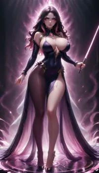 Score_10, A photorealistic, 18-year-old, full-body portrait of a tall, striking adult woman elegant Sith Lord. Preserve her natural appearance and proportions. She has a long, softly sculpted oval face with a gently tapered jaw, narrow rounded chin, and a smooth forehead. Her eyebrows are thin, sexy shaped and softly arched. Her large almond-shaped eyes are naturally light green-hazel with a darker outer rim, framed by long, dense eyelashes. As a Sith, transform her irises into luminous amber-gold with subtle fiery orange undertones while maintaining their original shape. She has a slender, straight nose with a softly rounded, tip. Her lips are normal and sexual, with a Cupid’s bow, and soft natural pink coloring. Her complexion is warm and dark sun-kissed with realistic darkly tanned skin, Neon Pink hair is long and curly, majority is swept back dramatically.
She has a slender neck, gently sloping shoulders and a tall, distinctly curvaceous hourglass figure. Her bust is, her rib cage and midsection narrow, and her waist defined with thin hips. Her arms are long and lean with soft natural definition, hands are slender with medium fingers. full shapely thighs and long, proportionate legs. Keep her anatomy realistic, feminine and naturally balanced. sexy lingerie battled hardened Sith Lord rather than a bulky armored soldier. Her fitted Sith ensemble is predominantly anodized pink and metallic black, following the contours of her tall hourglass figure, with elegant, subtle armor panels and polished metallic-pink detailing. flowing black Sith cloak that moves dramatically behind her. Her posture is upright and commanding, shoulders back, chin slightly raised, conveying controlled confidence and quiet danger.
In one hand she holds a spectacular custom pink lightsaber. The blade is brilliant hot-magenta pink, vivid pink atmospheric glow illuminating her face, hand and surrounding surfaces. Its hilt is luxurious polished black onyx, with pink diamond, slender and elegant, dark inset grip sections, intricate mechanical detailing and an ornate sculpted emitter. Give her a calm, sexual expression rather than exaggerated anger. Her bright neon pink eyes, elegant appearance and composed demeanor should contrast with the threatening energy of the weapon. Use cinematic dramatic lighting, realistic skin, hair and fabric detail, subtle atmospheric haze, strong pink reflections from the lightsaber, deep shadows, and mirrored highlights. Full body, head-to-toe composition, realistic proportions, high-end cinematic, pink perfect eyes, huge breasts, Bl4ckF1r3, woman, blackhair, outfit, bodysuit, <lora:Blackfire:.8>, sapphire, (jewel, princess)