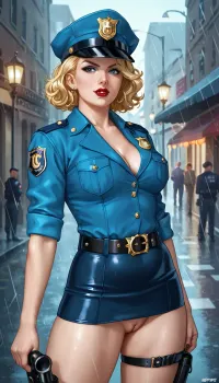 Beautiful mature female 1940s Chicago police officer, 39 years old, confident and determined with vintage charm. Very chubby fat build, fair skin, classic 1940s hairstyle tucked under a police cap, bold red lipstick, piercing eyes, short blonde hair, messy wavy hair. Wearing an authentic 1940s Chicago police uniform, tailored navy blue jacket without a shirt underneath, badge pinned to chest, tiniest short dark mini microskirt too short to cover her smoothly shaven pussy, leather belt with holster. Standing under a flickering streetlamp on a rainy Chicago street smoke rising from a manhole. Ultra-realistic retro noir style, highly detailed, cinematic moody lighting, atmosphere of law, grit, and determination.