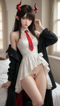 high quality semi-realistic anime render, 1girl, solo, flat tiny breasts, beauty girl, pubic hair, clitoris, she stay in fashion model pose, cozy girl bedroom.

a beautiful character with balanced proportions and well-made, Dusk from Arknights, she has red eyes, long black hair covering one eye, horns, pointy ears, and a tail. Wearing sleeveless off shoulder white dress, open black coat, red necktie, black boots