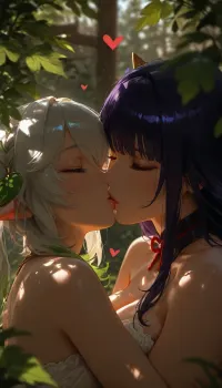 Raiden Shogun and Nahida from Genshin Impact, both women are hugging, kissing, garden house in background, depth of field. Foreground blur, 4ng3l, heart shapes around. Dark background with leaves., (dappled light, dappled sunlight), . Photorealistic, Hyper-detailed, 8k resolution, Sharp focus, Masterpiece, ., Fleshy, lips, Puffy, Detailed, wide, <lora:MJ52:1.5>, <lora:attractive_notrigger:1.4>, <lora:BUT_SDXL_SHS:1.2>, <lora:dark:.9>, <lora:Lips._Fleshy_lips_Anime-000009:.8>