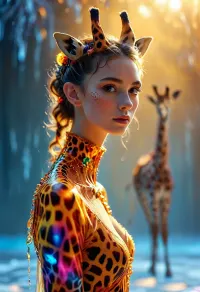 [KTA], luminous shadow, vibrant colors, a belle female figure with an elaborate hairstyle, is wearing a giraffe plattern costume, on ice, /KlTTY-ART/, <lora:COMFYUI_mimic_landscape_-_XL_SDXL v2.0:.1>, <lora:MJ52:.1>