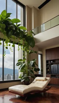 The scene is a high-rise apartment, skyscraper, large floor to ceiling windows, aged mahogany floors, a cream colored leather chaise lounge, a large Epipremnum aureum, money plant, a 75 inch TV is hanging from the ceiling the 12ft ceiling, a balcony, far in the distance is a mountain that is deeply forested.