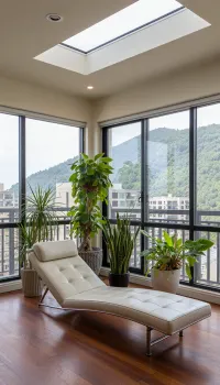 The scene is a high-rise apartment, skyscraper, large floor to ceiling windows, aged mahogany floors, a cream colored leather chaise lounge, (SEVERAL PLANTS, (types of house plants include a Pothos, (Epipremnum aureum), a Snake Plant, (Dracaena trifasciata)), on the 12ft ceiling is a skylight, there is a balcony, far in the distance is a mountain that is deeply forested.)