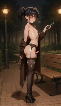 Detailed anime style, ultra detailed, glossy sweaty skin, park night lamps, clean sharp lineart. bubbles from powerpuff girls, 21 years old, fully grown, young face childlike, extremely short tiny petite stature, slim skinny body, completely flat chest, no breasts, completely flat ass, no curves, skinny thighs. blush, very red lipstick, tongue slightly out. Standing by a bench, coat open, showing off. wires, remote in her hand. torn stockings, heels. wet path. Ultra detailed face. Futanari micro penis