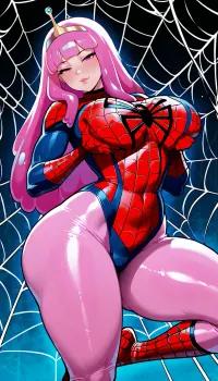 (Princess Bubblegum:1.6), adult Bonnibel, light pink skin, long magenta bubblegum hair, pink eyes, golden crown, (thick body:1.5), soft full thighs, wide hips, soft belly, large ass, medium-large breasts, (Spider-Man Cosplay:1.5), tight red-and-blue suit with web pattern, mask on, (seductive expression:1.5), deep crouch on toes, body wound tight ready to explode upward, (holding breasts:1.4), hands cupping and squeezing her breasts through the suit, candy laboratory, soft pink light, highly detailed, Amazingfantasy15, red, and, black, costume, blue, shades, webs, under, the, arms, <lora:cfg_scale_boost:1.3>, <lora:LCMTurboMix_Euler_A_fix:1.5>, <lora:checkpoint-e100_s1500:.8>