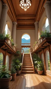The scene, the corner balcony of a 12 ft ceiling apartment, large floor to ceiling windows, skyscraper, stone floor outside, mahogany wood floors on the inside, a cream colored lounge chair on the inside, SEVERAL PLANTS are on the inside and outside of apartment, [types of plants include a matured mix of the following], (Epipremnum aureum), (Dracaena trifasciata), (Philodendron scandens), (Hedera helix), far in the distance is a mountain that is deeply forested............