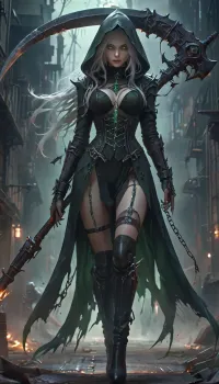 Dark nun, sexy, slender, fair skin, glowing green aura, glowing eyes, dark hood, long white hair, cleavage, big belt, elaborated leather corset, high-cut panties, thigh gap, long tunic, thigh-high boots, garter belts, thigh belts, richly decorated outfit, detailed clothes, holding big scythe, chains on scythe, walking, XUER, Dark, girl, holding, scythe, dark, aura, <lora:Dark Nun (Pony):.8>, <lora:绪儿 暗黑少女 XUER Dark girl:.8>, <lora:Dark_Aura_XL_-_Filled_with_miasma:.8>, <lora:detailed_notrigger:.8>