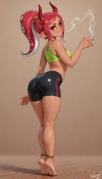 (((Style, vector art, thick outline, jack cayless, personalami))), (youthful cute petite:1.234), 1girl, solo, masterpiece, high quality, detailed manga illustration, full body character portrait, female octoling, Splatoon-inspired character design, medium tan skin, athletic feminine build, lanky proportions, red irises, sharp upturned cat-shaped eyes, prominent upper eyelashes, confident subtle smirk, bubblegum pink tentacle hair tied in a high ponytail, single thick tentacle ponytail rising from the back of her head and curling into a loose spiral, smooth glossy tentacle hair, red lil devil horns, subtle glitter beneath eyes, neon yellow-green sports bra, black athletic shorts with vertical red stripes along both sides, barefoot, exactly one woven red yellow and green friendship anklet on left ankle, small sharp claw-like fingernails and toenails, anatomically distinct toes, relaxed confident standing pose, feet fully visible, full body in frame, clean precise black ink outlines, expressive translucent watercolor washes, subtle crosshatching, detailed face, natural anatomy, softly painted simple background, showing wet pussy, happy, excited, arched back, ass stuck out, smoking a cigarette, <lora:outline_xl_kohaku_delta_spv5x:1.4999>