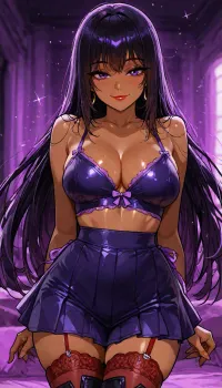 Melkor mancin meet markgavatino style, (((beautiful bright purple big anime eyes))), slut ready to fuck, Dark Purple eyeliner, long eye lashes, red lipstick, 25 years old cutie, (short petite height with medium cleavage), ((purple background, lurid neon blurry background, lounge)), hair with bright highlights, warm strong lighting, red garter stockings, thick long boots, mischievous smile, (((big beautiful anime eyes:1.2))), lipstick, make-up, glitter, dark eye liner, ((long lashes)), 25 year old Filipina witch, dynamic pose portrait, petite athletic toned firm body, bright purple blue, ethereal whimsy aesthetic, skirt lingerie, <lora:add-detail-xl:1.2>, <lora:attractive_notrigger:1.2>, <lora:detailed_notrigger:1.2>, <lora:LCMTurboMix_Euler_A_fix:1.2>, cute smile, stockings, starry dark background, dark hair, dark skin