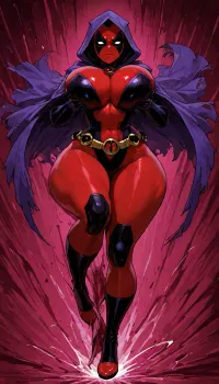 Solo, (Lady Deadpool:1.6), adult female Deadpool, athletic yet curvy scarred body, dense scars, full red-and-black suit and mask on, dual katanas, (curvy body:1.6), extreme hourglass, massive breasts, tiny waist, huge hips, thick thighs, large round ass, (Raven from DC outfit:1.5), dark purple hooded cloak, tight black leotard with red gem, (evil expression:1.5), (high spinning kick freeze:1.5), body rotated, one leg extended vertically, cloak flaring, (holding breasts:1.4), both hands squeezing her breasts, dim church, dramatic shadows, sharp focus, raven, <lora:Raven_XL:1.9>, <lora:cfg_scale_boost:.8>, <lora:LCMTurboMix_Euler_A_fix:.8>