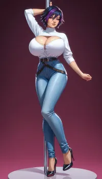 GoGo Tomago, gigantic breasts, pole dancing, conservative clothing, blue jeans, white shirt, skinny jeans, wide belt at the waist, narrow waist belt, smooth pants, tight pants, long pants, high heels, she feels lust and desire