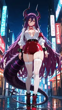 score_9, score_8_up, score_7_up, score_6_up, source_anime, masterpiece, best quality, very aesthetic, 1girl, solo, shinku, (neverness to everness), neverness to everness, beautiful highly detailed face, expressive red eyes, very long messy dark purple hair, black and pink highlights, hair strand between eyes, large black and red ribbon bow on the back of the head, pair of large curved demonic horns on head, (striated, dark purple and glowing magenta), red choker with a small pendant, wearing an oversized white long-sleeved button-up shirt, (unbuttoned at the collar and bottom, loose flared cuffs), black buckled straps and armbands on her upper arms, glimpse of red shorts underneath, white thigh-high stockings with red zigzag pattern at the top, red criss-cross lace-up straps around ankles, chunky black and red platform high-heeled boots, white fluffy fur collars on the ankle boots, dangling red and purple tassels on the shoes, thick purple and black striped reptilian thick tail, (wrapped with belts, silver metallic clasp and charm at the tip), standing, looking at viewer, dynamic pose, urban city street background, colorful neon signs, cinematic lighting, night, wet ground, depth of field, highly detailed, vivid colors