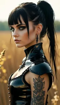 (((Full body view))), Generate a masterpiece full-body close-up side-view fantasy portrait drawing image of a fighting fantastic animated 20-year-old goth young medieval evil creepy character, with deshevelt, free, lush, dark-black black-colored simple straight bound military short black-hair in a military ponytail.big evil eyes, embellished with a black hairpiece. At darkest night., (divine proportion), non-douche smile. Staring at you. Her eyes should be a striking black, large and expressive, framed with long, delicate lashes. She is wearing a revealing shiny glossy bodysuit with black medieval high-heeled stiletto combat boots. The character is poised ready for a fight, exuding free-spirited emo goth sad naturalistic, with warm sunlight from above. Her expression is emo and disturbed, with a slight blush on her cheeks and a faint evil smile on her lips. The background is a grand medieval field., top model makeup, (((very oiled body, very oiled skin))), ((Ultimate realistic photo)), (((dynamic sexy pose))), (((bright sunlight))), tattoo, neck, <lora:MJ52:.8>, <lora:Long Neck - Elegance in Ink:.8>, <lora:Microwaist_XL_v01:.8>
