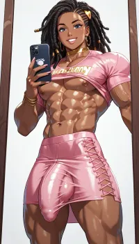 view from below, male Amateur photo, 22 years old black bodybuilder male in princess-peaches costume, androgynous african face, beautiful dark skinned face, looking at the camera, smiling, massive chest, abs, slender, smooth silky dreadlock hair, showing his flexed bicep-arm, golden choker, flawless skin, pink-muscleshirt and pink lifted skirt, giant pink-penisbulge, holding penisbulge pose in mirror selfie, sunny illumination, focus on his
amazing slender muscled legs, shiny legs, (very long laced-underware penisbulge, massive penisbulge:1.3), (Cartoony), comical huge muscles, <lora:Adonis_belt:1.5>, <lora:V2 CartoonyMen:1.5>