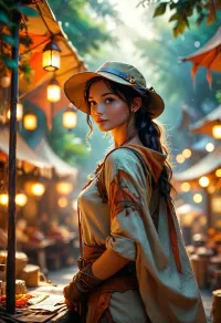 [KTA], geometric, artistic, fantasy art, luminous shadow landscape, female huntress cartoon figure, market, canopy, dynamic, fairy tale. on Parchment, /KlTTY-ART/, <lora:COMFYUI_mimic_landscape_-_XL_SDXL v2.0:.1>, <lora:attractive_notrigger:.1>, <lora:MJ52:.1>