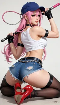 ((poison from street fighter Pink-haired anime woman in a blue cap, white crop top, denim shorts and red heels, holding a whip. An anime-style woman with long, flowing pink hair, fair skin, and a slender, curvy figure. She wears a navy-blue peaked cap decorated with a silver chain, a low-cut white crop top, and very short blue denim shorts with a chunky chain belt. A black choker, dark wristbands, and fingerless gloves add a punk-inspired edge, while glossy red high heels complete her outfit. She holds a riding crop across one shoulder and raises her other hand beside her cap. Her relaxed, crossed-leg pose, slight smile, and direct gaze give her a playful, confident, rebellious appearance. The illustration uses clean outlines, vivid colors, and glossy shading.)), She has exaggerated hourglass proportions, a full bust, very narrow waist, and wide, rounded hips. Her legs are long relative to her compact torso, with full upper thighs tapering into slender calves and ankles. Slim arms and a flat abdomen create an overall lean, curvy silhouette. Her tilted hips and crossed-leg pose emphasize the waist-to-hip contrast., (((full body, torn jean shorts, crop top, pink hair, black leather thigh straps, torn stockings, torn clothing, tiny waist, leather arm straps, leather gloves, (face down ass up), on all fours looking back at viewer, focus ass, rearview, (POV directly behind her:1.3))))
