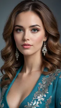 Photorealistic studio portrait of a beautiful young woman in her late 20s, exact facial likeness, soft heart-shaped face, high cheekbones, smooth fair skin with warm undertones and natural glow, large almond-shaped dark brown eyes with intense direct gaze, dramatic vibrant blue eyeshadow blended on the lids and crease, sharp black eyeliner, long thick lashes, perfectly arched dark eyebrows, straight refined nose, full plump lips with glossy nude-peach lipstick, slightly parted mouth with soft seductive expression.
Signature voluminous 1980s big hair, extremely thick layered wavy brown hair with caramel and auburn highlights, massively teased and backcombed for huge volume at the crown and sides, wild flowing curls and waves cascading over shoulders, messy yet glamorous styling.
Eleant pose, three-quarter view, head gently tilted, right hand raised with fingers gracefully resting under chin and touching hair, long manicured nails with sheer pink polish, large turquoise stone ring on the right hand.
Wearing an ornate blue-gray patterned jacket with intricate silver embroidery, sequins and decorative stitching, deep open neckline. Accessories, long dangling turquoise and silver earrings, delicate turquoise pendant necklace.
Soft flattering studio lighting from front-left, gentle highlights on cheekbones and voluminous hair, soft natural shadows, clean light gray seamless background. Ultra realistic skin texture, individual hair strands visible, sharp focus on eyes and face, shallow depth of field, cinematic color grading, photorealistic, 8k detail, masterpiece, best quality. 3/4 body visible.