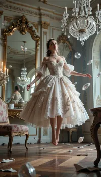 A stunning woman in a lavish ballgown floating in zero-gravity inside a grand, abandoned Baroque hall of mirrors. Antique furniture and crystal chandeliers are also floating around her in mid-air. Ethereal, soft lighting, surrealism, 8k.