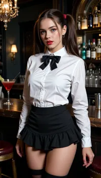 25 years old waitress at a fancy cocktail bar, (gangbang, handjob, fingering), ((skinny body)), (((shy:1.2), submissive:1.5)), slender body, skirt, pigtail, white shirt, black bow tie, black ruffled micro skirt, red lipgloss, (adult), college girl, fancy cocktail bar, piercings, dark, chiaroscuro, low-key, <lora:zavy-cntrst-sdxl:.8>