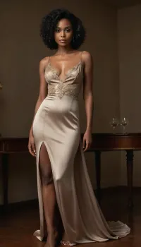 A glamorous dark-skinned woman in an opulent, dimly lit room, elegantly leaning over a polished wooden table while holding a martini glass. She wears an elegant, floor-length, flowing satin slip dress. The dress has a soft, muted taupe or light brown color. It has thin, adjustable spaghetti straps that cross slightly on the back. The neckline has a very deep V-shape and reaches below her belly button, giving the dress a touch of sophistication. Her back and the sides of her upper body are completely devoid of fabric and thus naked. The dress has a back and side-free design. It also has a very high and very wide skirt slit that starts at the level of her left waist and diagonally across her hip, lap, pubic area, which is completely exposed with every step and every slightest movement of her legs and is completely naked so that everyone has her, large, black-haired, very densely hairy pubic mound/pubic mountain/pubic triangle and her very densely hairy pussy can see completely and continues down to her right foot to the floor. Which gives the dress a certain sophistication and extravagance. In addition, it consists of a delicate almost transparent, transparent, gaze and translucent satin that makes her entire silhouette shimmer through the dress. Her natural, slightly drooping breasts completely fill the very tight and extremely narrow top that only covers her large areolas and nipples, so that her top is stretched very taut under her breasts and her areolas and nipples press through the fabric of the dress, leaving a distinct imprint. The man can see her breasts almost completely from the sides and in the middle in her extremely deep and extremely wide neckline, as her top only covers her nipples. The most striking detail is the elaborate golden floral embroidery that adorns the dress. Embroidery focuses on parts of the top at the edges of the dress that run diagonally and reach the hem. The floral patterns are delicate and ornate, with leaves, tendrils and small flowers in gold threads that contrast beautifully with the taupe satin fabric.
The dress has a slightly flared skirt that gives it a playful yet elegant silhouette. The fabric appears smooth and shiny and reflects light discreetly. The overall design is a mixture of modern minimalism and classic...