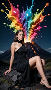 An elegant beautiful woman posing calmly on a dark volcanic rock. She wearing elegant Black Dress. In the background, a volcano erupts, blasting massive fountains of thick, glossy, ultra-colorful neon acrylic paint into the dark night sky. Vivid spectrum, liquid splash texture, high contrast, surrealism.