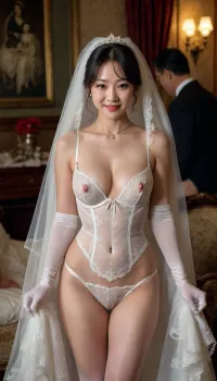 Victorian style, full body, group of 50 years old japaneses, group of 3, bridal lingerie, 19e english brothel, visible pussy, hairy pussy, devil smile, veil, gloves