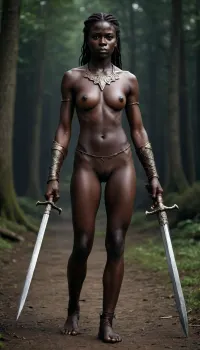 Warrior Viking, very small tits, nude, strong, muscular amazon, slim, full body view, (dark skin:1.6)