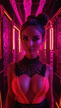 woman, (21 years old), neon pink, black light, phosphorescent, (messy bun), ((full body view)), amazing body, ((neon lace:1.3)), (detailed face and eyes:1.2), (fit), (innocent face:1.2), (dynamic light), (centered), (max detail), 8k, (cleavage), (((underground rave club))), secret, cyberpunk dance music, ((disco lights)), ambiance, facing camera, front view, symmetrical, Cyberpunk, <lora:cybepunk:.8>, reij-mg, lights, dark, ambient, light, <lora:reij-moderngothic-000006:.8>, <lora:attractive_notrigger:.8>