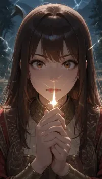 A young woman stands against a mountainous backdrop, with a forest visible in the distance, she is dressed in Viking attire, has long hair, and holds an axe in her hand. Lightning flashes in the sky, a close-up shot of her face, brunette
