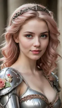 Seductress, beautiful sexy slender young lady, hot sweaty pale white skin, kind soft, flirty eyes, flirty smirk slmile, rough tangled rose hair, pale beige queen armour