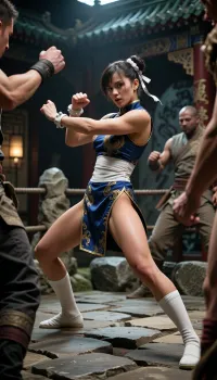 Chun-li in a chinese scenario training some fighting moves in the fighting stone ring, cinematic shot, dynamic lighting, 75mm, Technicolor, Panavision, cinemascope, sharp focus, fine details, 8k, HDR, realism, realistic, key visual, film still, cinematic color grading, depth of field.