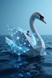 A surrealistic scene of a traveller crossing a cosmic, glowing sea on a giant vintage pocket watch. The watch’s hands serve as oars, cutting through waves of liquid mercury. In the background, floating doors and staircases lead up into the starry sky. In the style of Salvador Dalí and René Magritte, with a dreamlike atmosphere and cinematic lighting