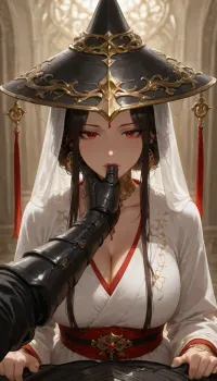 (1male, 1female), A cinematic, intimate embrace between a warrior in ornate black armor and a woman in a flowing white and red traditional hanfu. The warrior, wearing a wide-brimmed black conical hat with gold accents and hanging tassels that veil their faces, leans in to kiss the woman. She wears a white robe adorned with vivid red floral patterns and a crimson sash, her dark hair styled in an elegant updo. The armor is intricately detailed with dark metallic filigree and heavy gauntlets. The lighting is moody and atmospheric, with soft golden highlights contrasting against a deep, muted background, emphasizing the romantic and protective tension of the pose., first person POV shot, through the eyes perspective, immersive subjective viewpoint, side view.