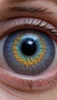 Create an extreme macro portrait photograph of a human eye photographed under controlled UV-A blacklight. The eye remains anatomically realistic. The iris contains subtle fluorescent structures that reveal patterns resembling branching biological networks. Tiny vessels, moisture droplets, eyelashes and microscopic surface textures become visible. Different portions of the iris emit subtle cyan, violet, emerald and magenta fluorescence. The cornea creates realistic reflections and refraction. The pupil remains deeply dark. Preserve realistic wetness, optical anatomy, subtle imperfections and natural skin texture around the eye. The result should feel like looking into a living microscopic galaxy while remaining completely photographic and scientifically plausible.