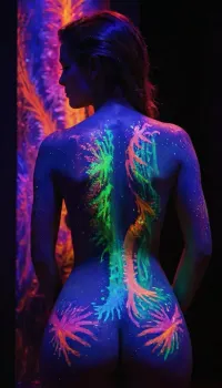 blacklight uv painted on the back of a girl depicting art in the style of monet, 1man, huge glowing dick, <lora:bl4ckl1ghtxl:.1>, blacklight, makeup, <lora:blacklight_makeup_v2:.8>, g1h3r, <lora:GigerRainbowXL:.8>