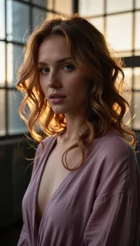 A romantic, softly lit medium portrait of a woman standing directly in front of large industrial grid windows, backlit by golden morning sun. She has voluminous, airy, cloud-like copper-red and warm auburn hair in soft, fluffy, messy waves. Strong warm rim-lighting shines through her hair from behind, illuminating thousands of fine, wispy, weightless stray strands in a glowing amber halo. Her face is in soft, even ambient shadow with pale porcelain skin, natural texture, and zero harsh shadows. Sharp focus on her expressive eyes with detailed irises and dark limbal rings, looking at the camera with parted lips and a quiet, alluring expression. She wears a loose, open dusty-lavender linen-silk robe. Shallow depth of field, moody cinematic photography, soft matte finish.