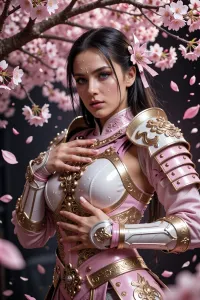 A masterpiece, a medium-shot portrait, with the highest level of detail, depicting a dazzlingly beautiful female warrior, flawless, smooth skin, expressive eyes, she wears exquisite high-fashion armor with elements of samurai armor, in pastel pink and white-and-gold tones, an elegant pose, the heroine stands beneath a blossoming pale-pink cherry blossom tree, surrounded by a whirlwind of petals swirling through the air, a soft, romantic, high-fashion atmosphere, a sublime and atmospheric setting, high resolution, photorealistic studio lighting.