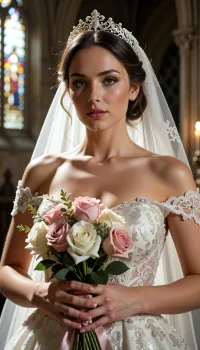Shot with a high-end Leica Noctilux-M 85mm f/1.2 prime lens at wide-open aperture, hyperrealistic waist-up medium portrait capturing the bride from head down to her waistline, raw camera fidelity, unretouched natural skin texture displaying fine pores, subtle skin grain, soft vellus hairs, and delicate natural flush, ultra-fine film grain, dramatic romantic lighting, masterwork composition, 8K resolution.

A breathtakingly beautiful bride on her wedding day, framed in a romantic waist-up shot inside the sacred, serene atmosphere of a medieval Gothic cathedral. Her face, bodice, and hands are illuminated by a radiant beam of soft, cinematic morning sunlight filtering through ancient stained glass windows, casting ethereal, whisper-soft rose, gold, and amber highlights across her features and creating a deeply atmospheric aura.

Her facial anatomy and features are captured with flawless clarity, a perfectly balanced symmetrical oval face, high softly sculpted cheekbones touched by a gentle peach blush, luminous dew-kissed skin texture, and large almond-shaped hazel eyes framed by dark fluttery eyelashes. Her eyelids feature iridescent pearl eyeshadow with a satin finish, leading down to a fine straight nose and full, supple lips with dusty-pink satin lipstick emphasizing her delicate cupid's bow.

Her hair is styled into a soft, sophisticated low chignon with loose waves kissing her jawline. She wears a magnificent white gold tiara intricately wrought with filigree scrollwork and encrusted with brilliant-cut micro-diamonds and pearls, with a sheer Chantilly lace cathedral veil flowing gracefully over her shoulders like mist.

Crucial composition element, at waist height, her elegantly manicured hands with natural nude-pink polished nails tenderly cradle a lavish, hand-tied artisanal bouquet overflowing with blooming white peonies, soft dusty-pink garden roses with folded petals, fragrant lavender sprigs, and muted eucalyptus leaves, bound with a trailing raw silk ribbon with slightly frayed edges.

Her high-fashion wedding gown is an extraordinary triumph of haute couture craftsmanship. The illusion tulle neckline and form-fitting bodice are lavishly hand-embroidered with shimmering silver threads, creating intricate baroque motifs and botanical vines. Deeply embedded within the lace structure are hundreds of hand-sewn Swarovski crystals, clear sapphires, and seed pearls that sparkle intensely as they catch the light.

The background dissolves into a smooth, creamy bokeh showing the majestic carved stone pillars of the cathedral, glowing candlelight from flickering votive candles, and towering vaulted arches. Perfect color grading, high-contrast chiaroscuro, uncompromised raw photograph fidelity.