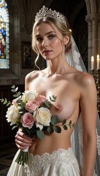 Shot with a high-end Leica Noctilux-M 85mm f/1.2 prime lens at wide-open aperture, hyperrealistic waist-up medium fine-art portrait capturing the bride from head down to her waistline, raw camera fidelity, unretouched natural skin texture displaying fine pores, subtle skin grain, soft vellus hairs, and delicate natural flush, dramatic romantic chiaroscuro lighting, masterwork composition, 8K resolution.

A breathtakingly beautiful blond hair bride on her wedding day, framed in a romantic waist-up fine-art nude portrait inside the sacred, serene atmosphere of a medieval Gothic cathedral. Her face, completely bare chest, exposed torso, and hands are illuminated by a radiant beam of soft, cinematic morning sunlight filtering through ancient stained glass windows.

Her facial anatomy and features are captured with flawless clarity, a perfectly balanced symmetrical oval face, high softly sculpted cheekbones touched by a gentle peach blush, luminous dew-kissed skin texture, and large almond-shaped hazel eyes framed by dark fluttery eyelashes. Her eyelids feature iridescent pearl eyeshadow with a satin finish, leading down to a fine straight nose and full, supple lips with dusty-pink satin lipstick emphasizing her delicate cupid's bow.

Her hair is styled into a soft, sophisticated low chignon with loose waves kissing her jawline. She wears a magnificent white gold tiara intricately wrought with filigree scrollwork and encrusted with brilliant-cut micro-diamonds and pearls, with a sheer Chantilly lace cathedral veil draped gracefully behind her back.

Fine-art composition and posing, she is completely topless on her upper body, wearing an opulent high-waisted haute couture bridal skirt crafted from rich ivory silk organza and embellished with delicate lace appliqués. She holds a lavish, hand-tied artisanal bouquet of white peonies, dusty-pink garden roses, and eucalyptus tilted gracefully across her chest, strategically concealing one breast with the lush floral petals while leaving her bare torso, collarbones, and the other natural breast completely exposed in elegant chiaroscuro shadows.

The background dissolves into a smooth, creamy bokeh showing the majestic carved stone pillars of the cathedral, glowing candlelight from flickering votive candles, and towering vaulted arches. Perfect color grading, high-contrast chiaroscuro, uncompromised raw photograph fidelity.