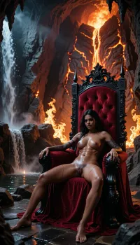 A massive, dark cavern resembling hell — Satan's throne room. The back wall glows with molten lava slowly flowing down its surface. The cave walls are engulfed in roaring flames, casting a fiery glow across the chamber. On the left side, a large waterfall pours into a small, steaming rock basin. In front of the glowing lava wall stands an enormous black throne, upholstered with rich red velvet — Satan's throne. Satanic dark skin latin girl sits on it, occupying only half the width of the seat. She is completely naked., (Her legs are wide open. Her wet pussy is visible.), Her tight pussy is dripping cum.She has a subtle, almost imperceptible smile on his face, and her arms are extended as if inviting the viewer into her embrace. The atmosphere is intense, infernal, and photorealistic, with dramatic lighting, shadows, and smoke."