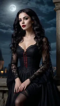 A stunning oil painting of a gothic woman with long, voluminous wavy black hair, dark makeup, and deep red lipstick. She is wearing an elegant, full-length black lace gown with intricate Victorian details and long sheer sleeves. She is sitting gracefully on an old stone balcony of a medieval castle, looking towards the viewer. In the dark night sky behind her, a large, detailed full moon glows brightly, casting a soft silver light on her silhouette. Cinematic lighting, dark fantasy art style, mysterious and moody atmosphere.