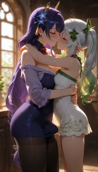 Raiden Shogun and Nahida from Genshin Impact. Picked up, both women are hugging, kissing, heavy blush. garden house., erect cock under dress. 4ng3l, ., <lora:MJ52:1.5>, <lora:attractive_notrigger:1.4>, <lora:BUT_SDXL_SHS:1.2>, <lora:dark:.9>, <lora:SDXL high detailed. LoRA_SDXL_ARW_0010:.8>